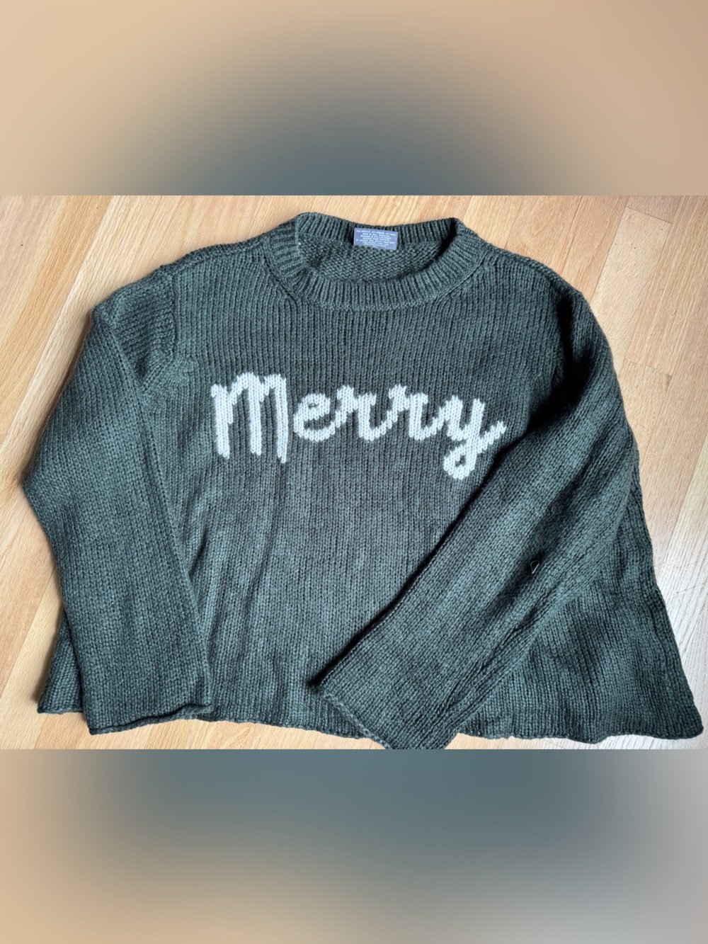 Wooden Ships Olive Crewneck Sweater with Cream "Merry" Script